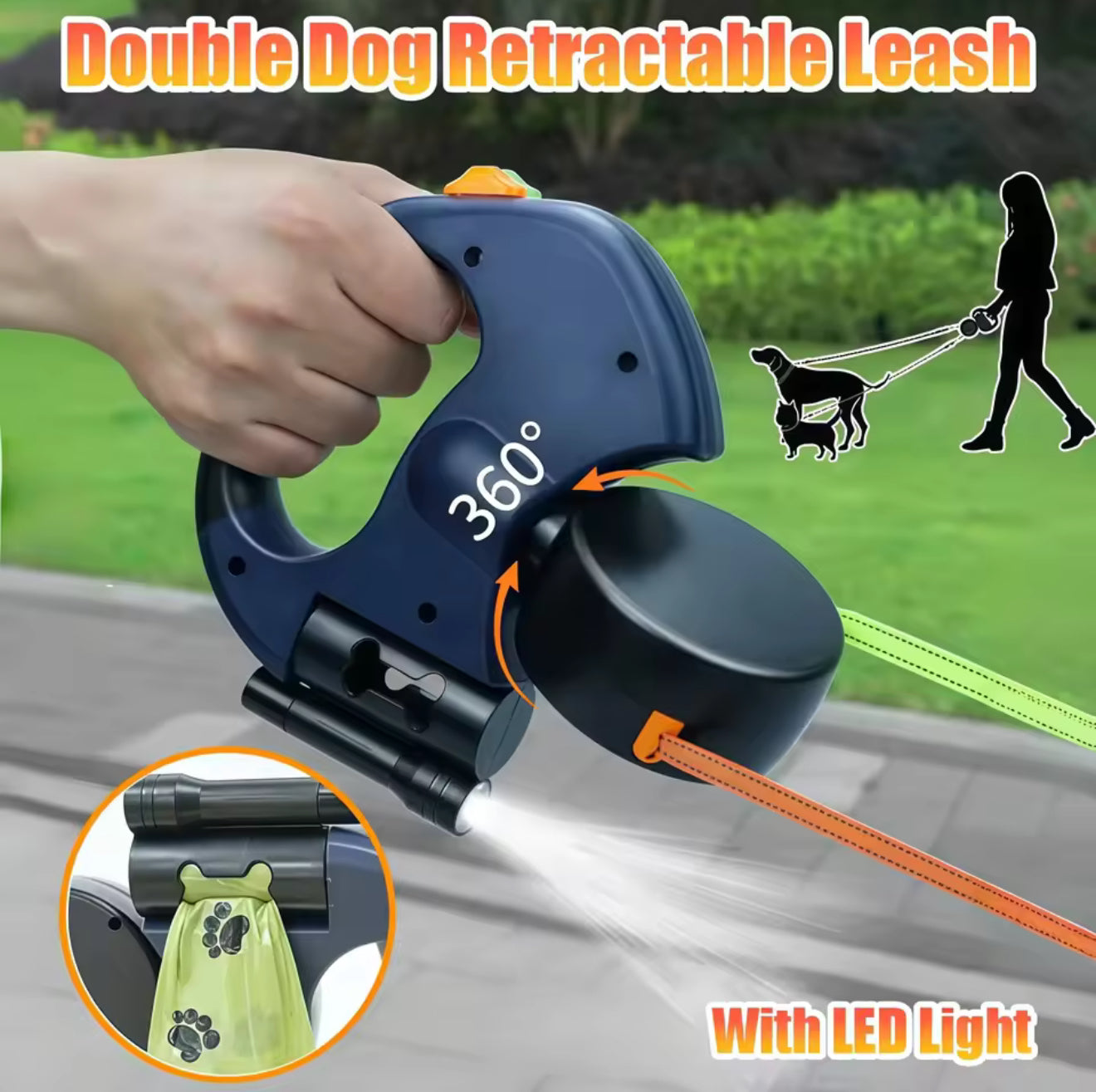 Retractable Double Dog Leash for Small Dogs ,Reflective, 360° Swivel, Tangle-Free